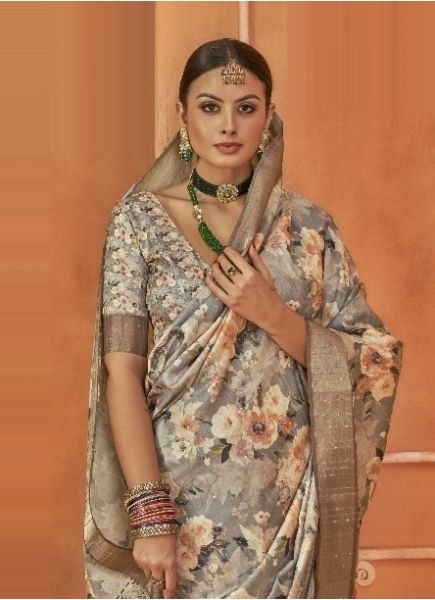 Gray Gotha Silk Floral Digitally Printed Festive-Wear Saree