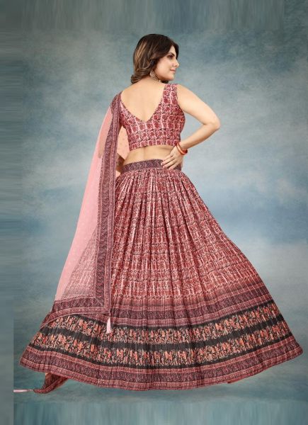 Maroon Chinon Silk Digitally Printed Party-Wear Embroidered Lehenga Choli (With Can-Can)