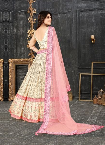 Cream Chinon Silk Digitally Printed Party-Wear Embroidered Lehenga Choli (With Can-Can)