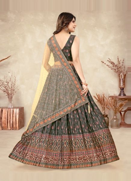 Dark Moss Green Chinon Silk Digitally Printed Party-Wear Embroidered Lehenga Choli (With Can-Can)