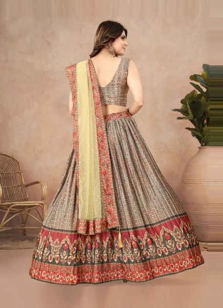 Beige Chinon Silk Digitally Printed Party-Wear Embroidered Lehenga Choli (With Can-Can)