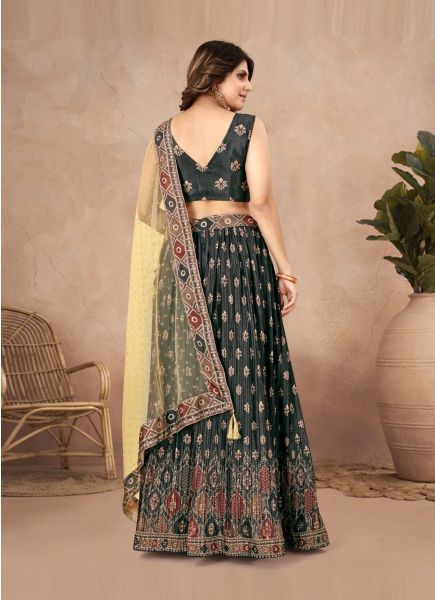Black Chinon Silk Digitally Printed Party-Wear Embroidered Lehenga Choli (With Can-Can)