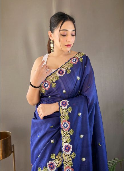 Blue Pure Silk Handwork Wedding-Wear Boutique-Style Saree