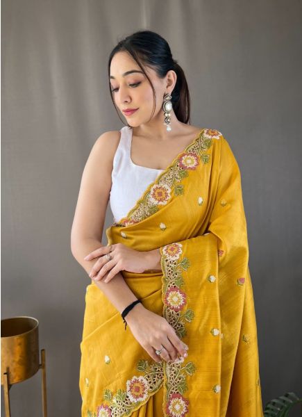 Yellow Pure Silk Handwork Wedding-Wear Boutique-Style Saree