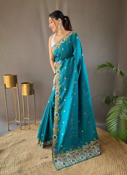 Aqua Blue Pure Silk Handwork Wedding-Wear Boutique-Style Saree