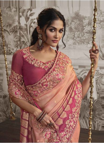 Light Coral Viscose Dola Jacquard Embroidered Party-Wear Silk Saree