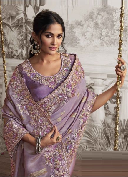 Lilac Viscose Dola Jacquard Embroidered Party-Wear Silk Saree