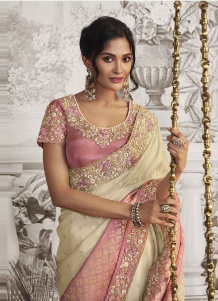 Cream & Pink Viscose Dola Jacquard Embroidered Party-Wear Silk Saree