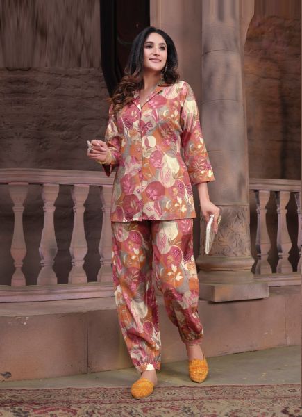 Dark Pink Chanderi Digitally Printed Resort-Wear Readymade Co-Ord Set