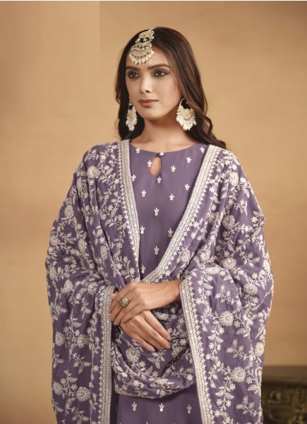 Lavender Faux Georgette Thread-Work Festive-Wear Plus-Size Salwar Kameez