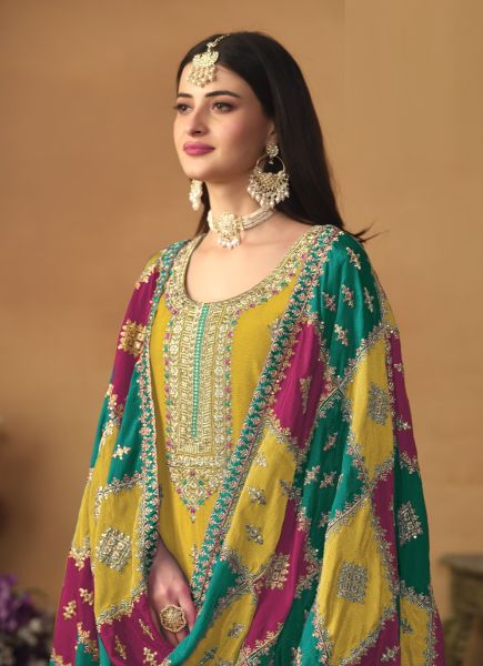 Mustard Yellow Chinon Silk Embroidered Plus-Size Salwar Kameez For Traditional / Religious Occasions