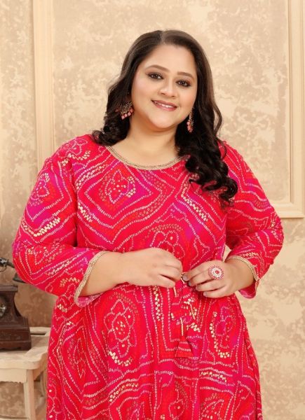 Pink Red Rayon Printed Plus-Size Kurti For Traditional / Religious Occasions
