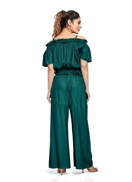 Teal Green Rayon Lounge-Wear Readymade Crop-Top With Bottom