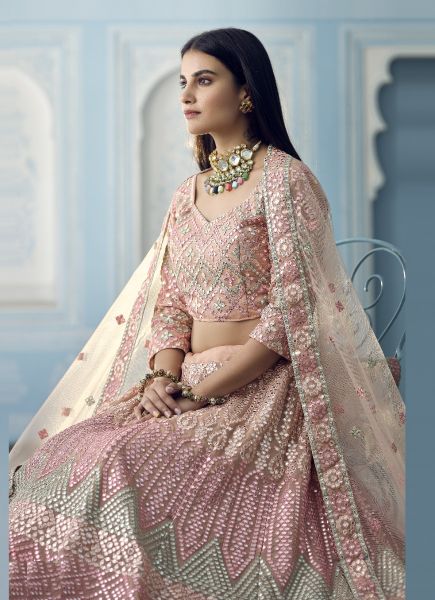 Pink Organza Thread-Work Wedding-Wear Bridal Lehenga Choli
