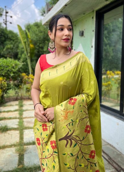 Light Olive Green Paithani Weaving Silk Saree