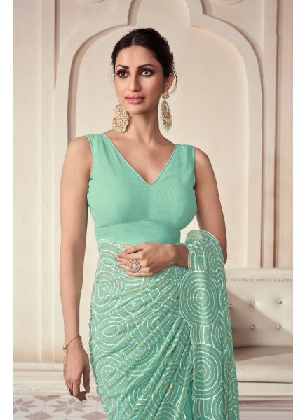 Light Mint Green Georgette Embroidered Wedding-Wear Boutique-Style Saree