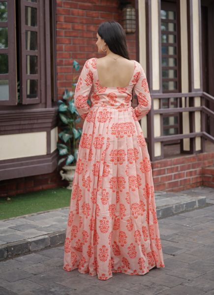 Salmon Pure Chanderi Digitally Printed Party-Wear Floor-Length Readymade Gown