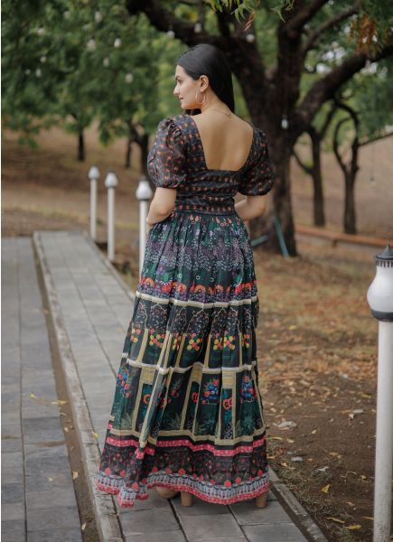 Black Pure Chanderi Digitally Printed Party-Wear Floor-Length Readymade Gown