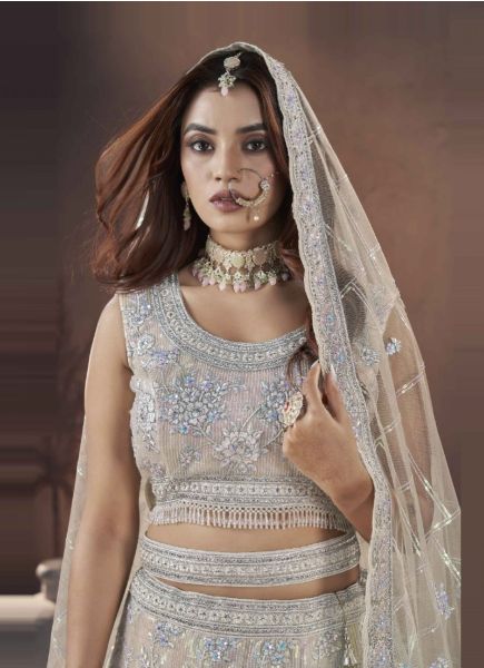 Bone White Net Handwork Wedding-Wear Readymade Bridal Lehenga Choli