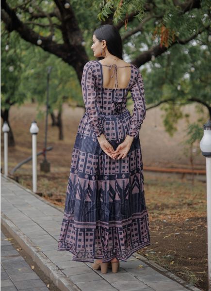 Navy Blue Pure Chanderi Digitally Printed Party-Wear Floor-Length Readymade Gown