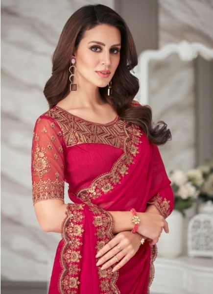 Pink Red Chiffon Satin Embroidered Party-Wear Boutique-Style Saree