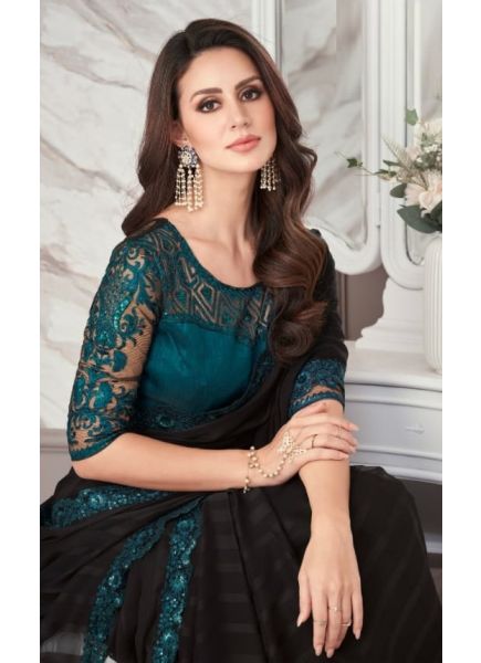 Black Chiffon Embroidered Party-Wear Boutique-Style Saree