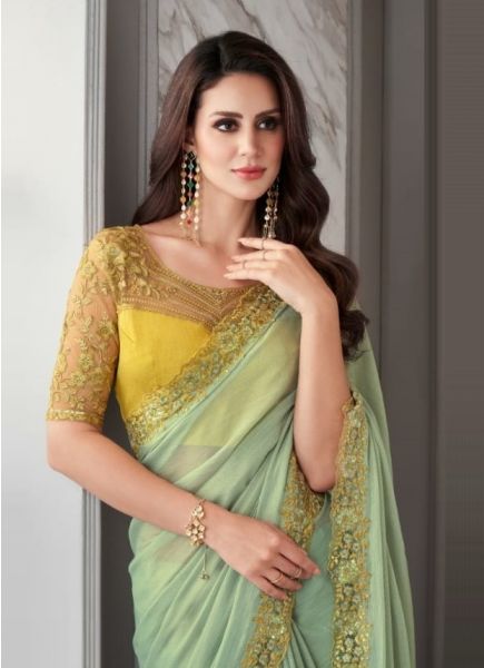Light Green Chiffon Embroidered Party-Wear Boutique-Style Saree