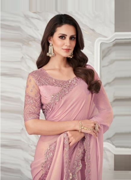 Pink Georgette Embroidered Party-Wear Boutique-Style Saree