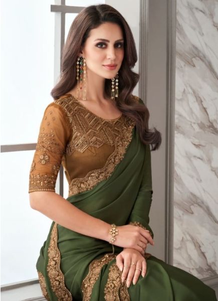 Olive Green Georgette Embroidered Party-Wear Boutique-Style Saree