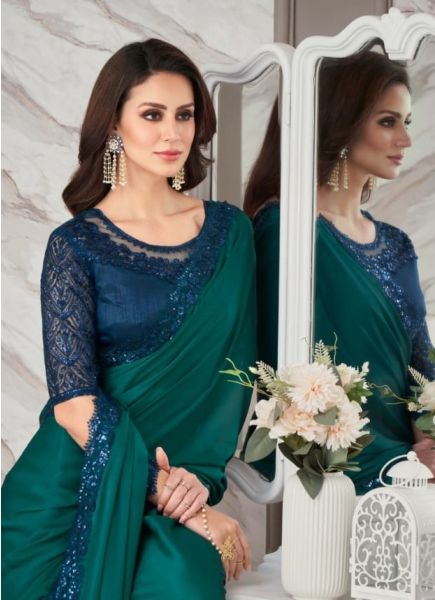 Teal Green Two Tone Georgette Embroidered Party-Wear Boutique-Style Saree