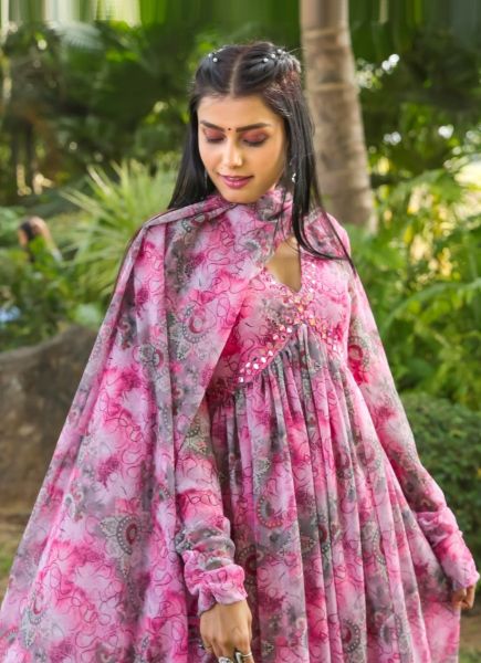 Pink Georgette Digitally Printed Resort-Wear Readymade Gown With Dupatta