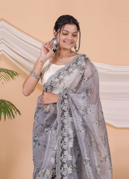 Purplish Gray Pure Soft Organza Silk Digitally Printed Party-Wear Boutique-Style Saree