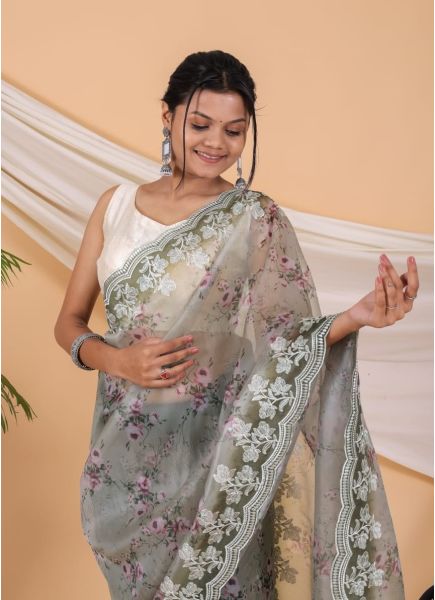 Light Sage Green Pure Soft Organza Silk Digitally Printed Party-Wear Boutique-Style Saree
