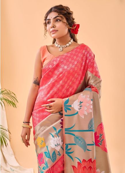 Coral Red Pure Paithani Silk Party-Wear Saree