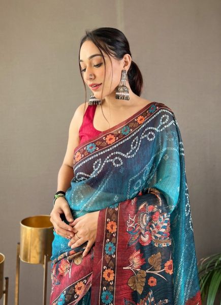 Blue & Maroon Pure Soft Cotton Tussar Silk Saree For Traditional / Religious Occasions