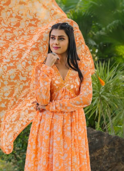 Orange Georgette Digitally Printed Resort-Wear Readymade Gown With Dupatta