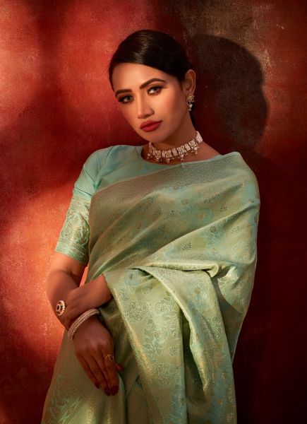 Mint Green Satin Kanjivaram Woven Silk Saree For Traditional / Religious Occasions