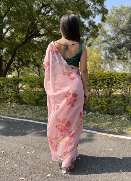 Pink Chiffon Floral Digitally Printed Resort-Wear Saree