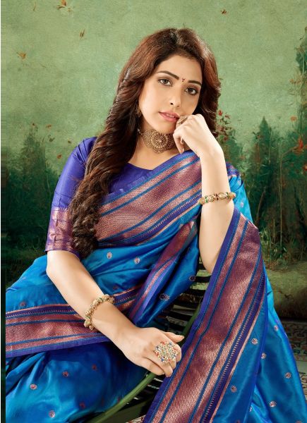 Sky Blue Pure Woven Paithani Silk Saree For Traditional / Religious Occasions
