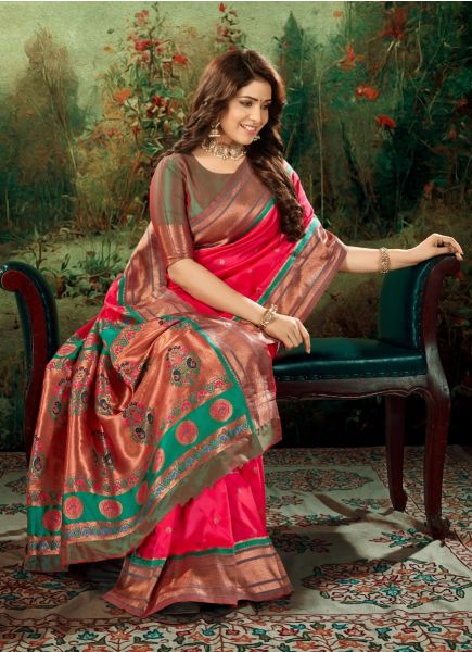 Coral Red Pure Woven Paithani Silk Saree For Traditional / Religious Occasions