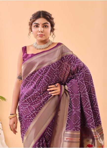 Purple Bandhej Printed Party-Wear Paithani Silk Saree
