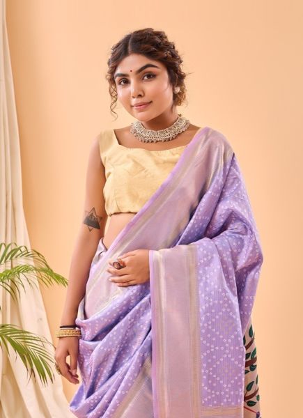 Lilac Bandhej Printed Party-Wear Paithani Silk Saree
