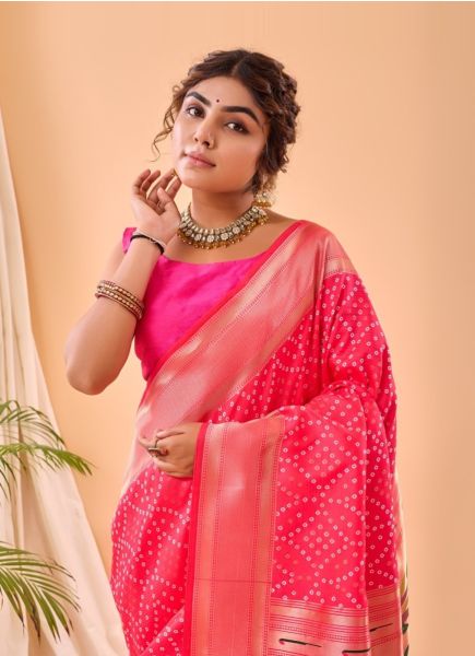 Pink Red Bandhej Printed Party-Wear Paithani Silk Saree