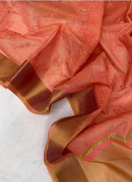 Salmon Soft Tissue Silk Thread-Work Party-Wear Saree