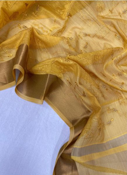 Mustard Yellow Soft Tissue Silk Thread-Work Party-Wear Saree