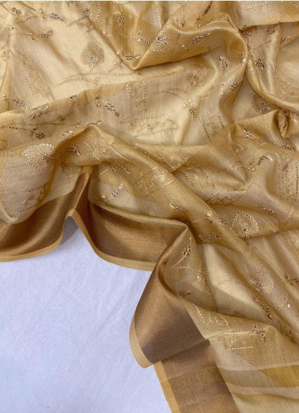 Burlywood Soft Tissue Silk Thread-Work Party-Wear Saree