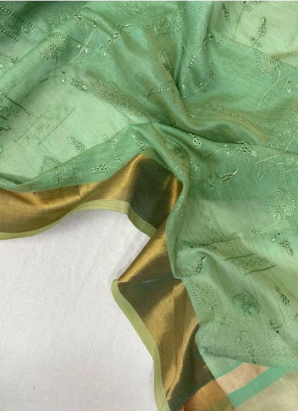 Mint Green Soft Tissue Silk Thread-Work Party-Wear Saree