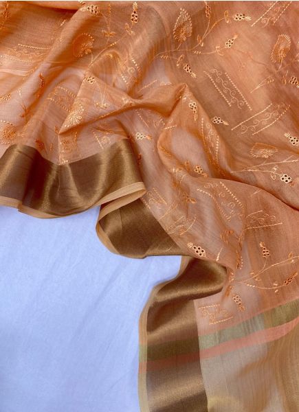 Orange Soft Tissue Silk Thread-Work Party-Wear Saree