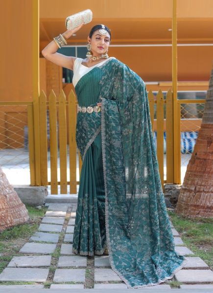 Teal Green Pure Soft Silk Handwork Party-Wear Boutique-Style Saree