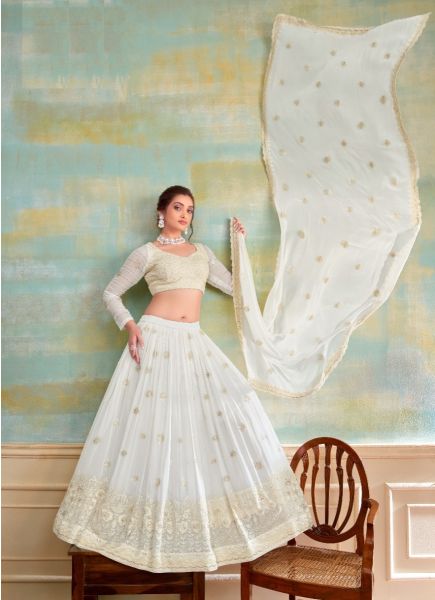 White Pure Georgette Embroidered Party-Wear Readymade Stylish Lehenga Choli